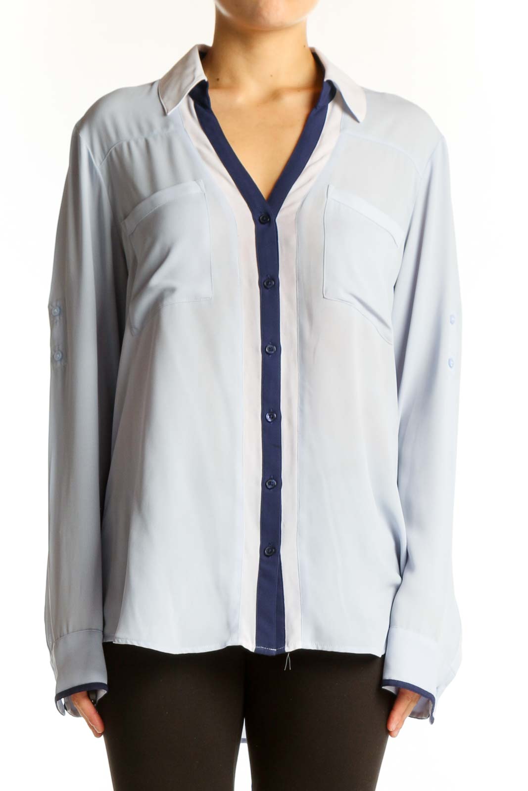 Front view of light blue Express button-up shirt with navy placket