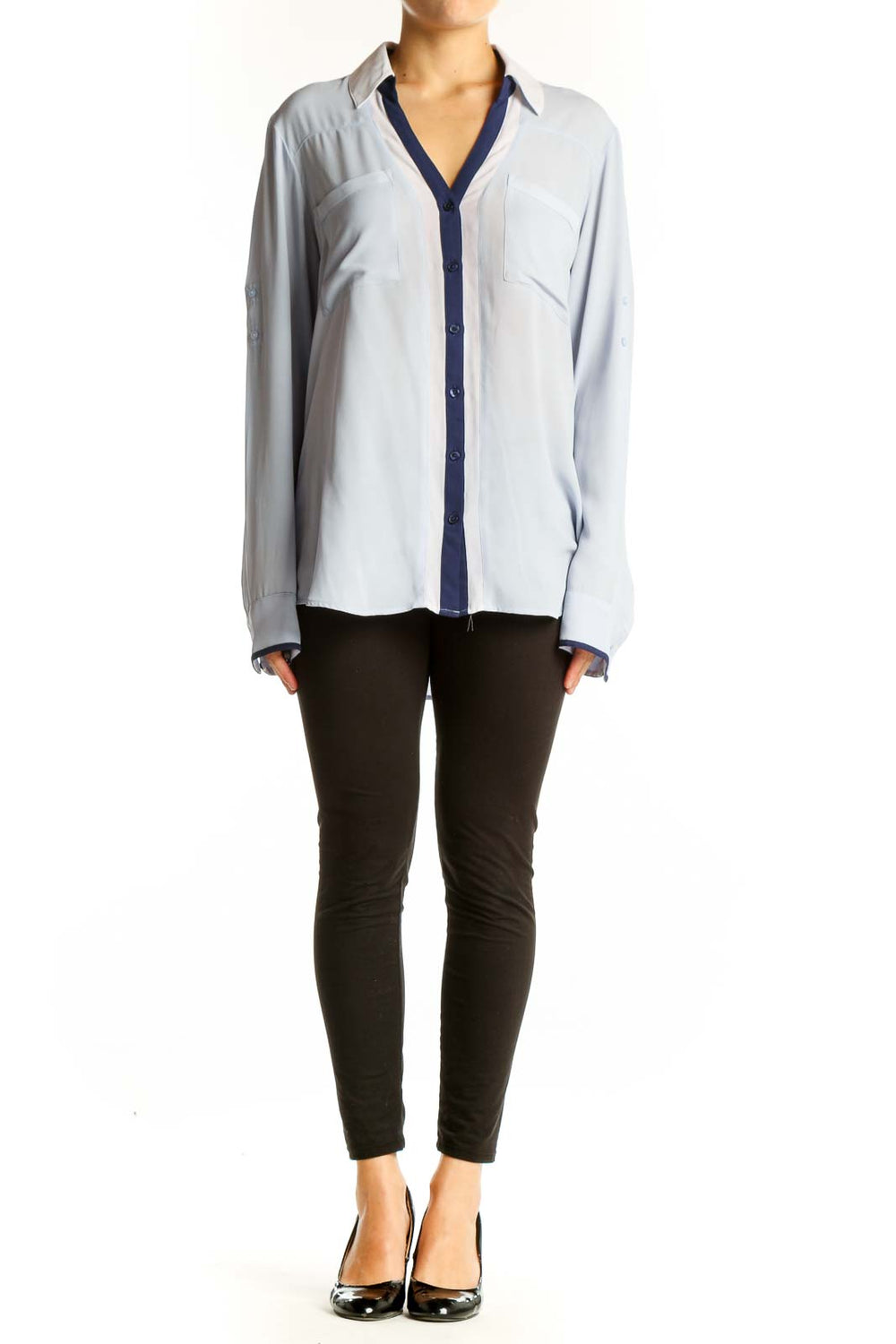 Front view of light blue Express button-up shirt with navy placket