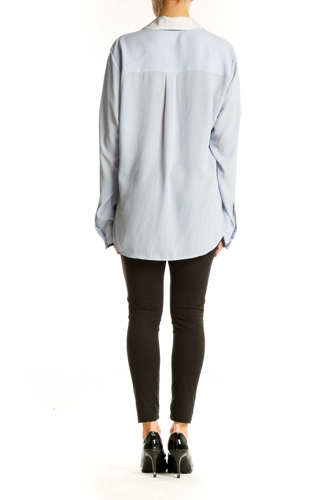 Back view of light blue Express button-up shirt showing relaxed fit