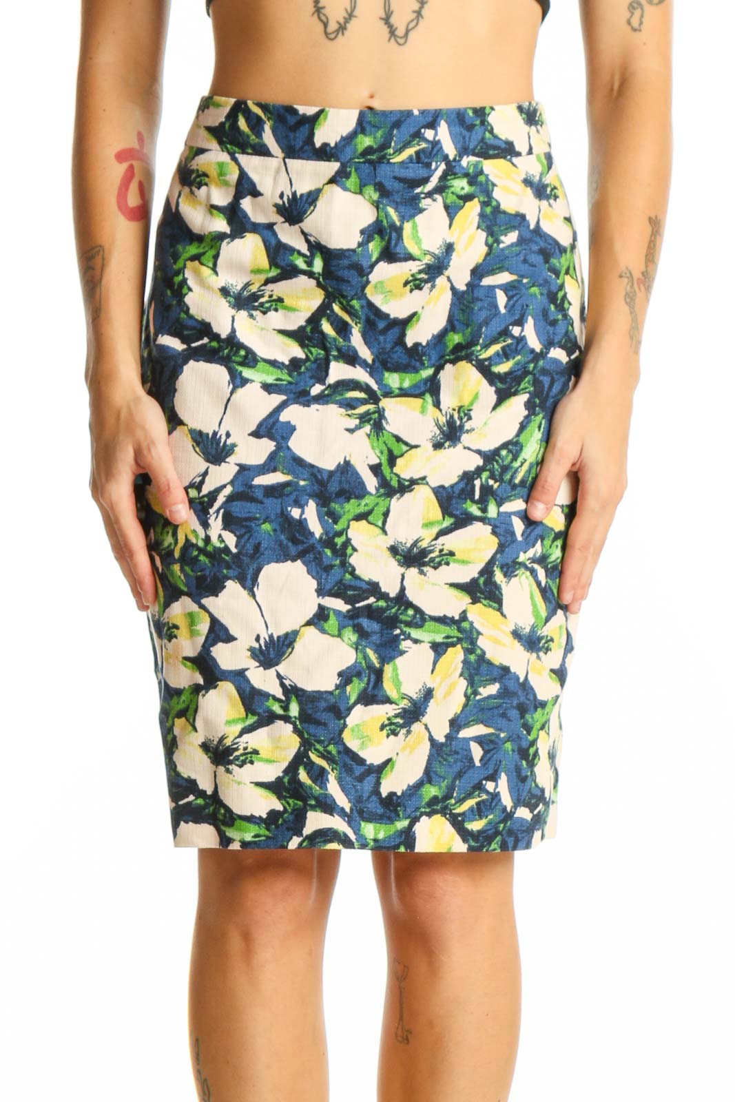 Front view of J.Crew blue floral printed pencil skirt