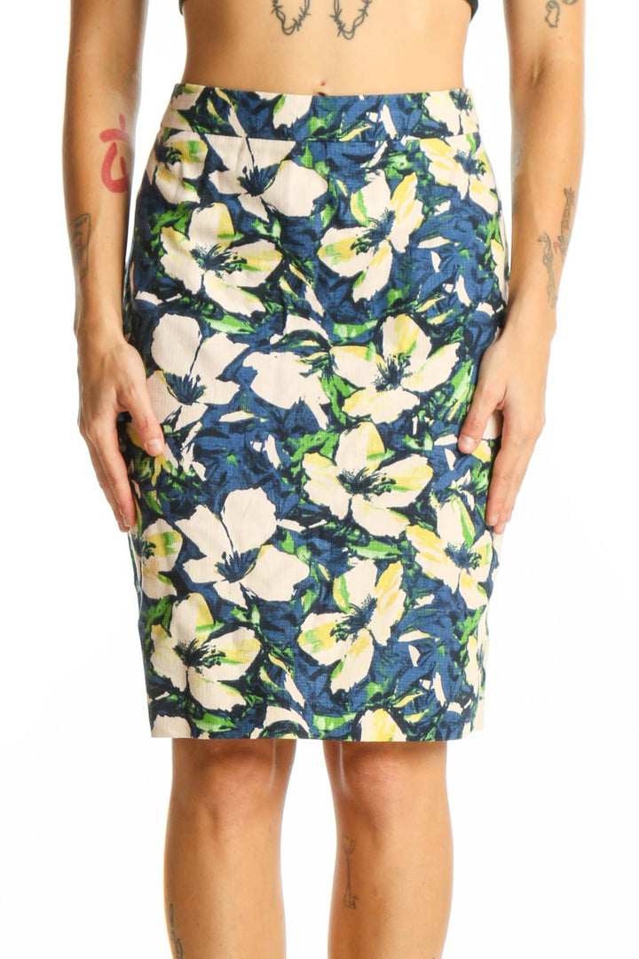 Front view of J.Crew blue floral printed pencil skirt