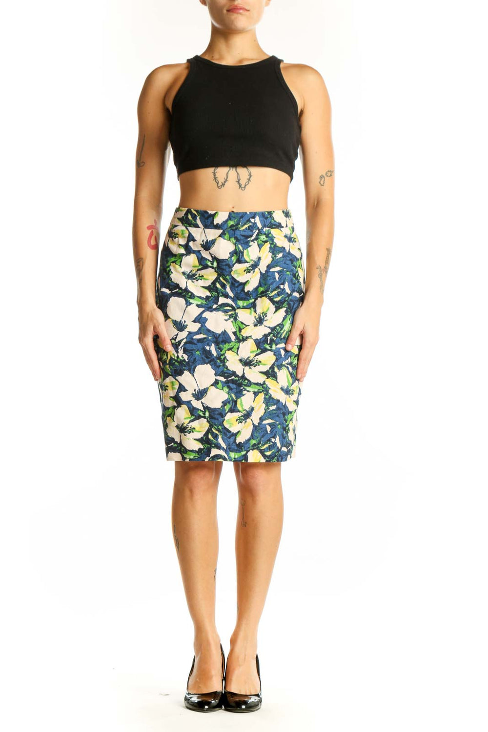 Front view of J.Crew blue floral printed pencil skirt