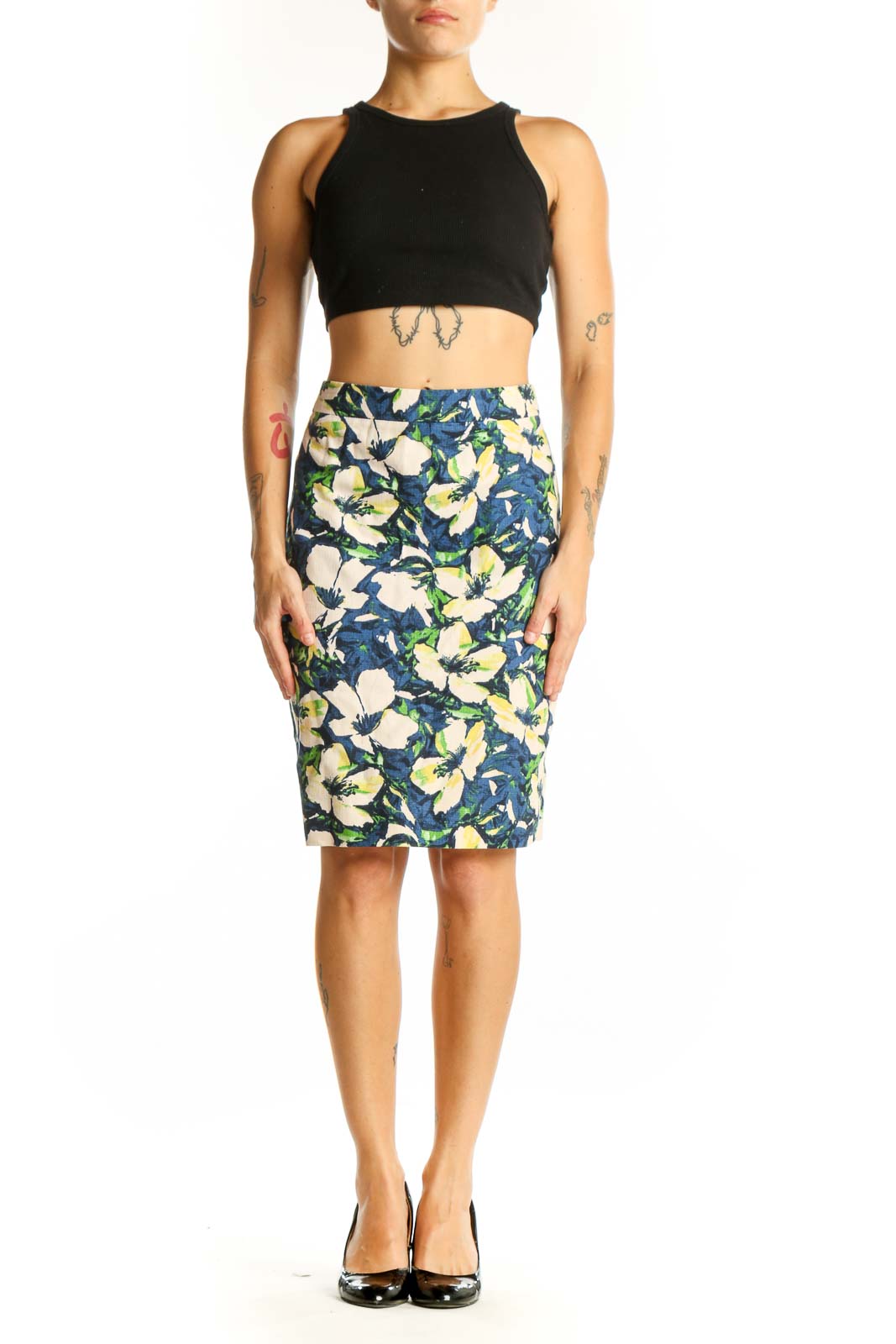 Front view of J.Crew blue floral printed pencil skirt