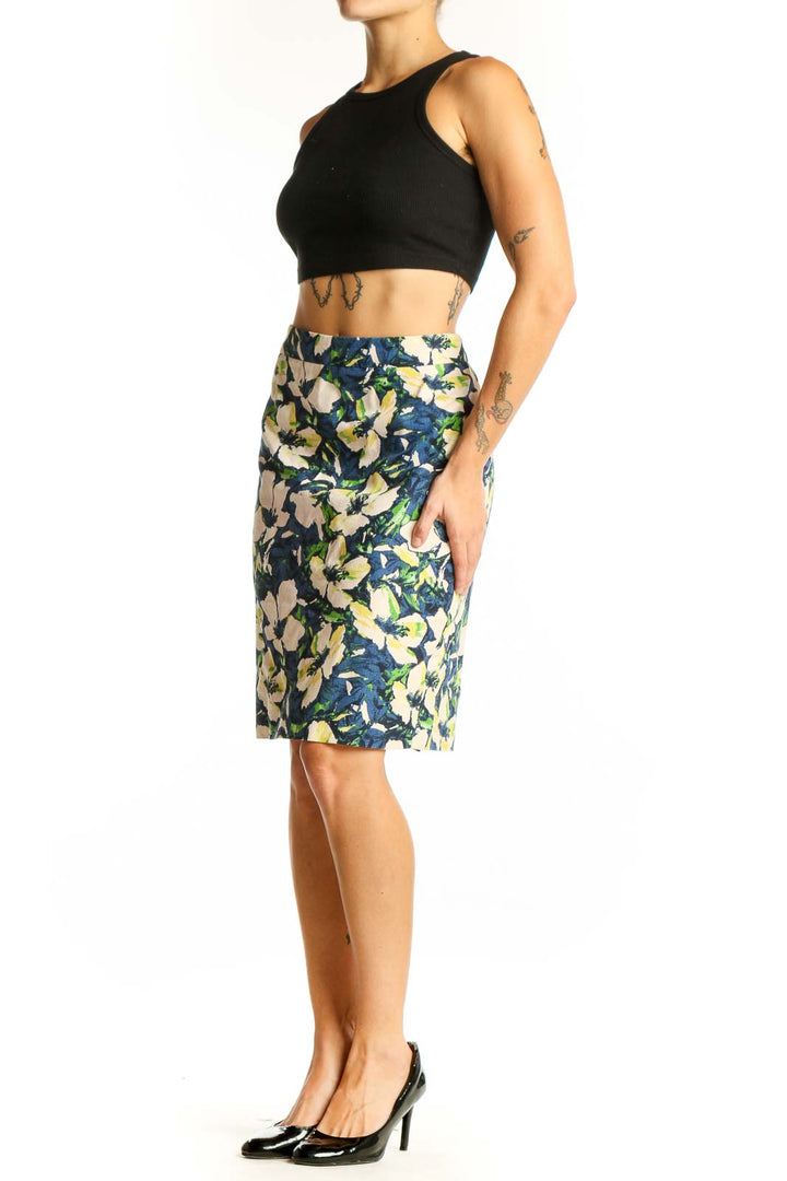 Front view of J.Crew blue floral printed pencil skirt