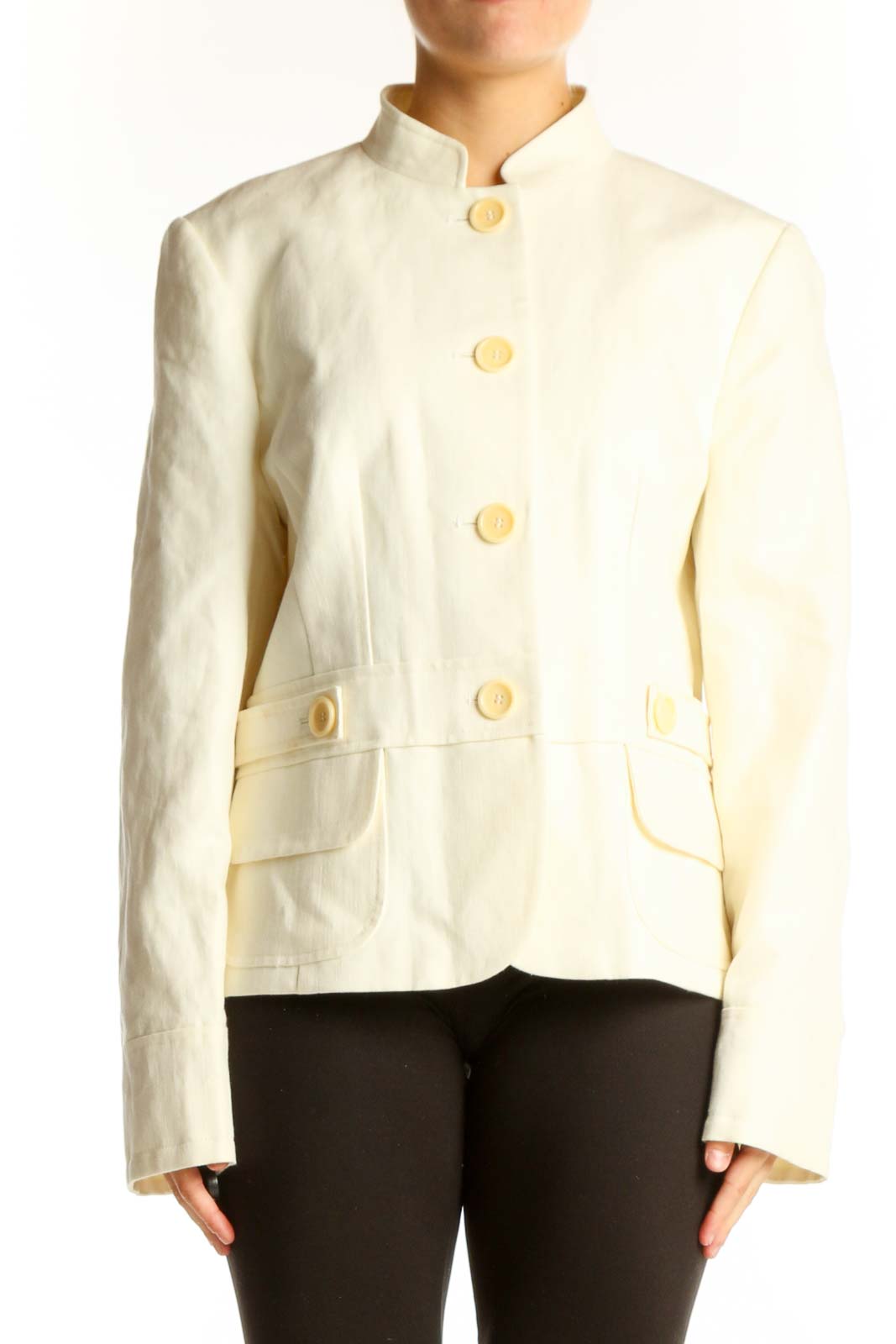 Front view of Ann Taylor cream structured mandarin collar jacket