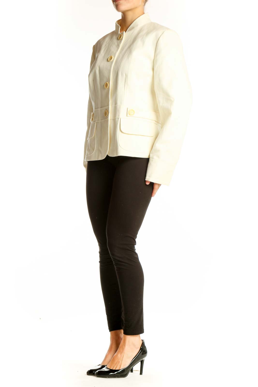 Front view of Ann Taylor cream structured mandarin collar jacket