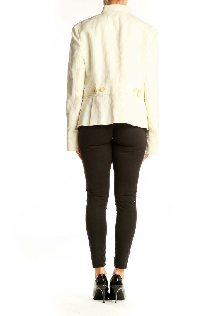 Side view of Ann Taylor cream structured mandarin collar jacket on model