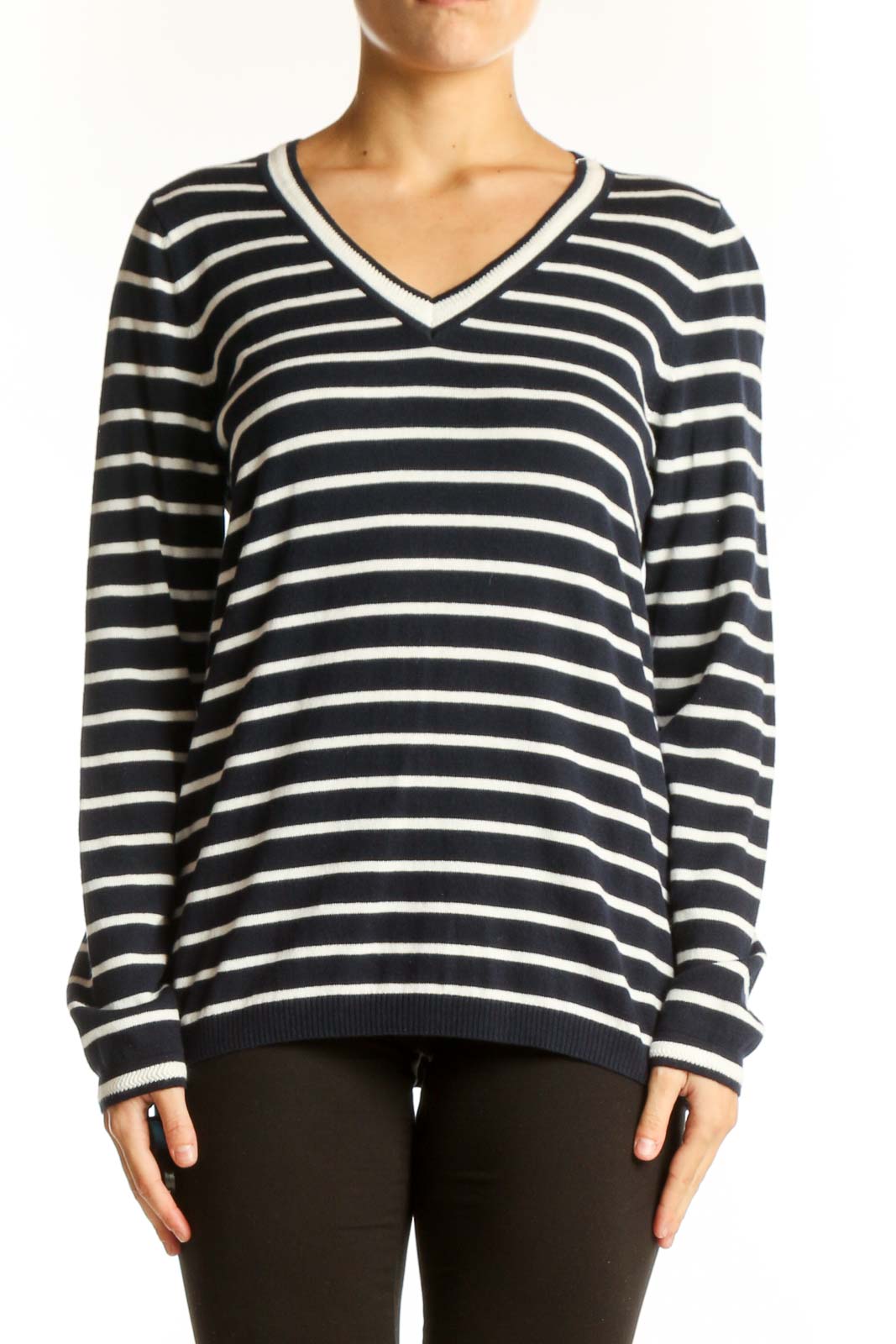 Front view of Talbots navy and white striped V-neck sweater on model