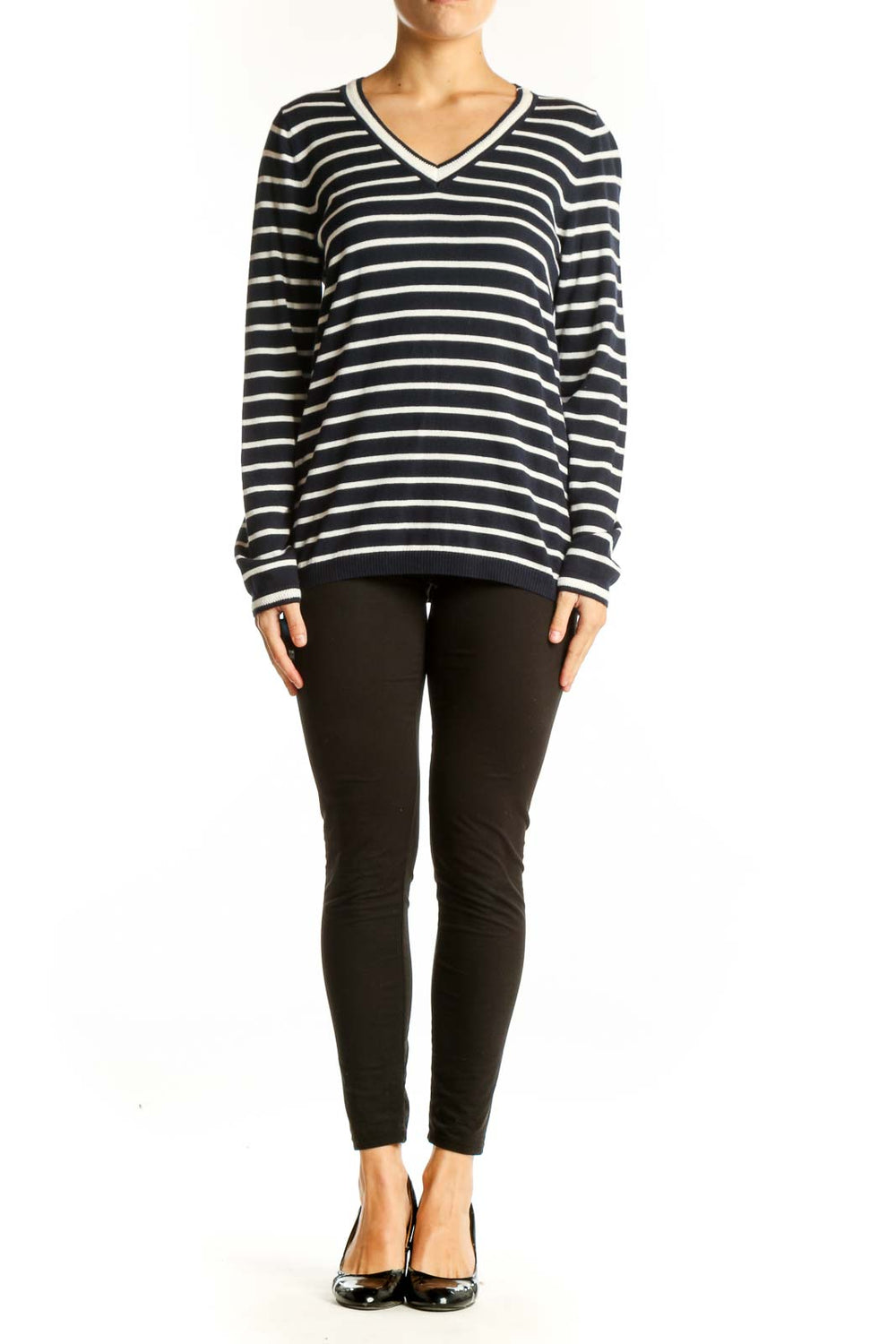Front view of Talbots navy and white striped V-neck sweater on model