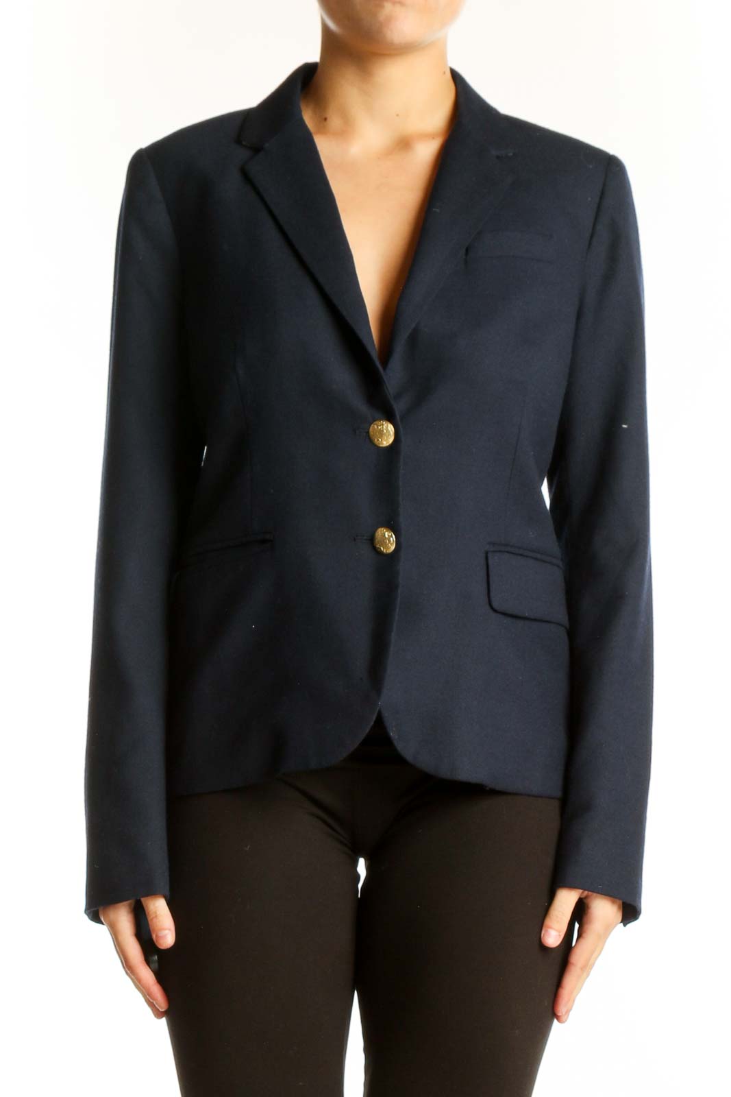 Front view of J.Crew navy tailored blazer with two-button closure
