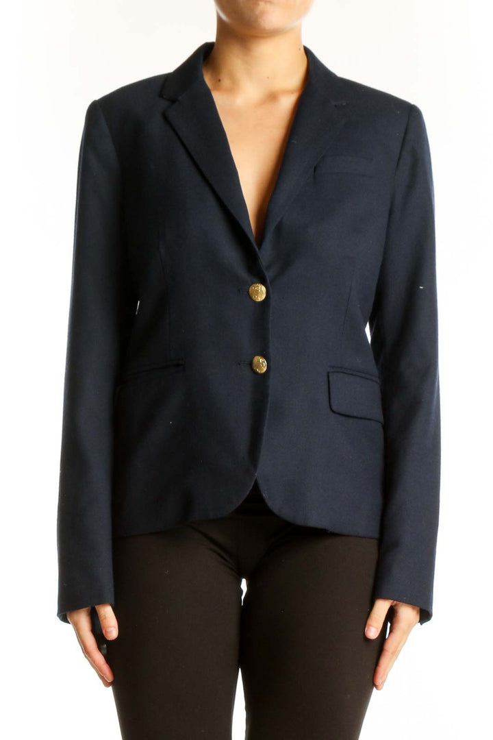 Front view of J.Crew navy tailored blazer with two-button closure