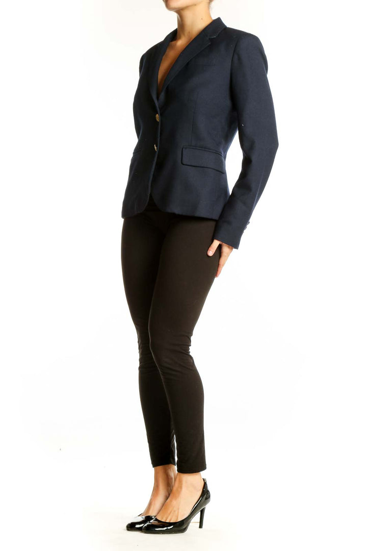 Front view of J.Crew navy tailored blazer with two-button closure