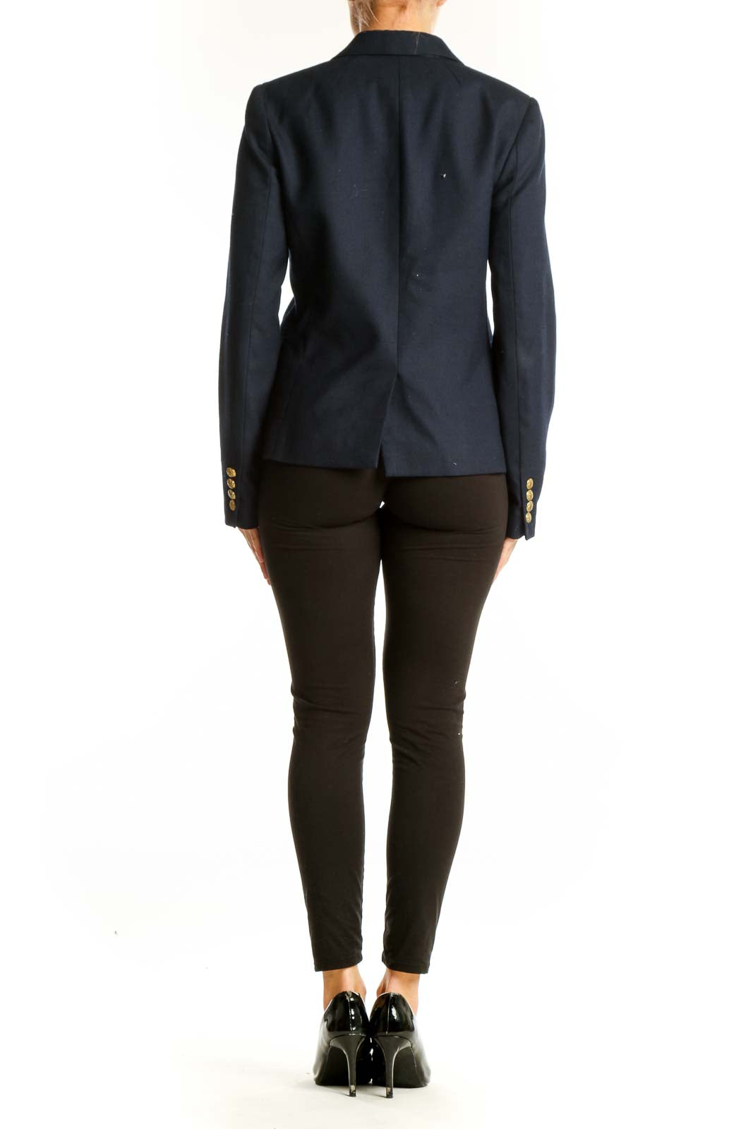 Back view of J.Crew navy tailored blazer showing fitted silhouette