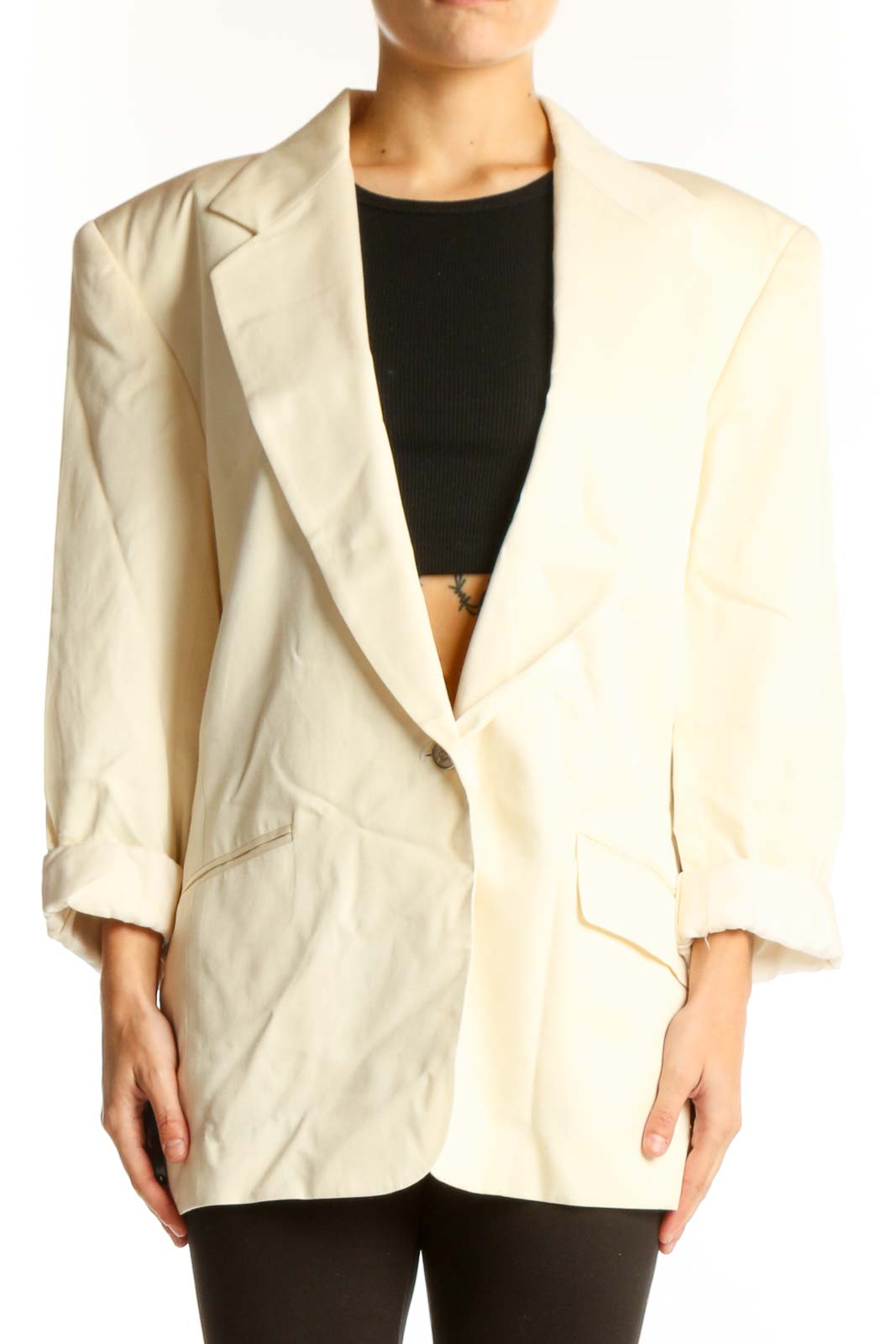 Front view of Ann Taylor cream oversized blazer with rolled-up sleeves