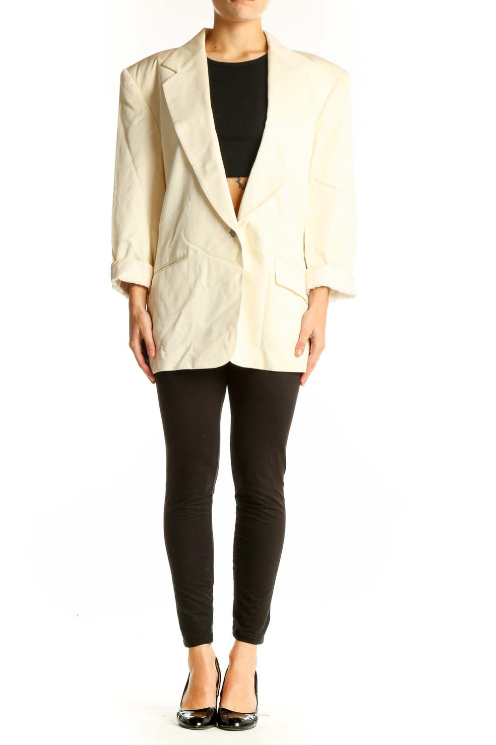 Front view of Ann Taylor cream oversized blazer with rolled-up sleeves