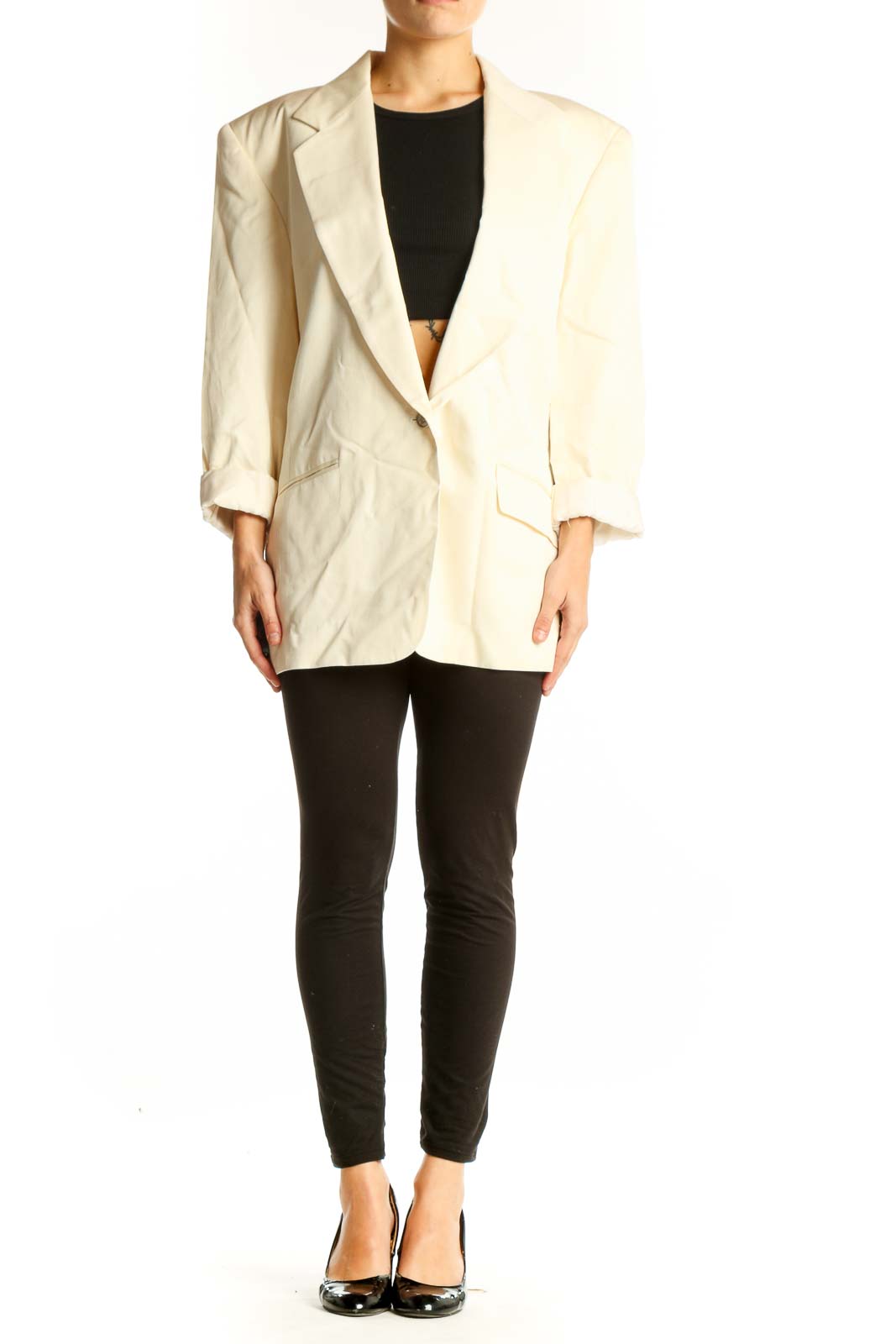 Front view of Ann Taylor cream oversized blazer with rolled-up sleeves