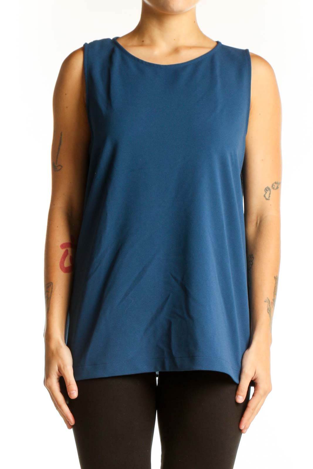 Front view of blue sleeveless Banana Republic tank top on model