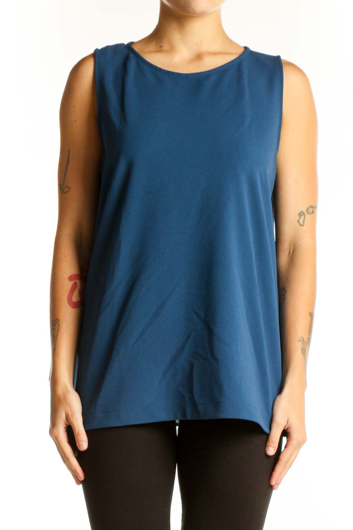Front view of blue sleeveless Banana Republic tank top on model