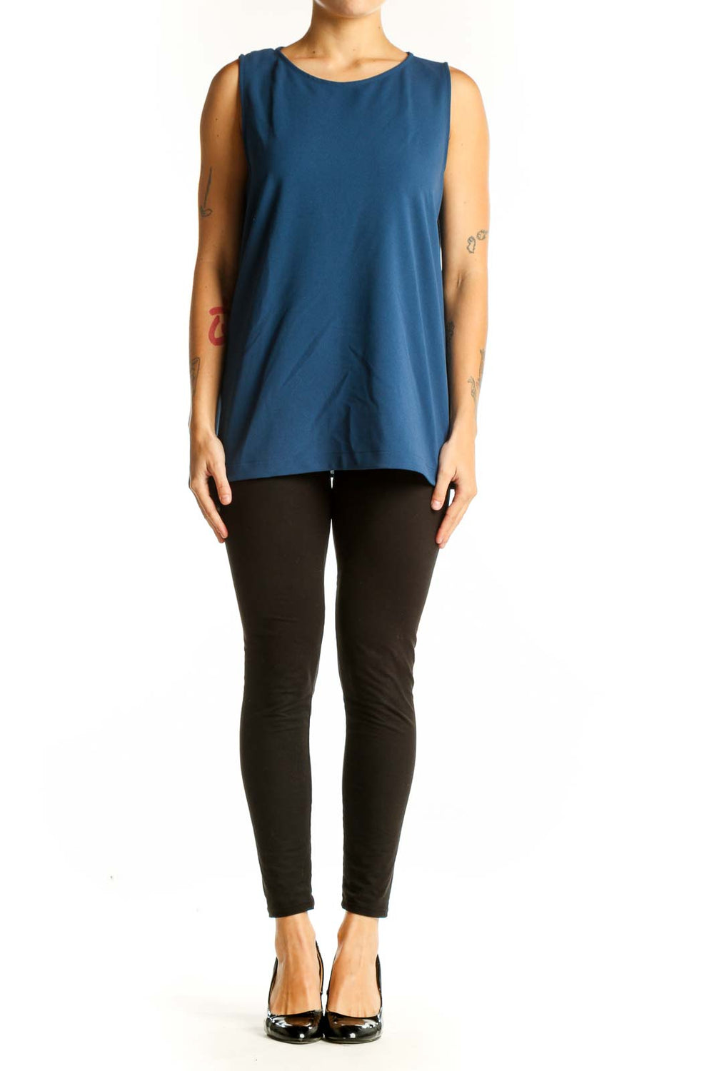 Front view of blue sleeveless Banana Republic tank top on model