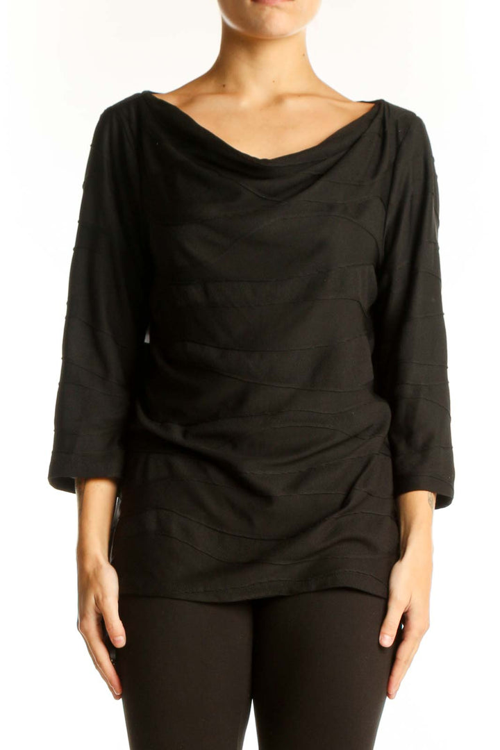 Front view of Ann Taylor black draped cowl neck top with 3/4 sleeves