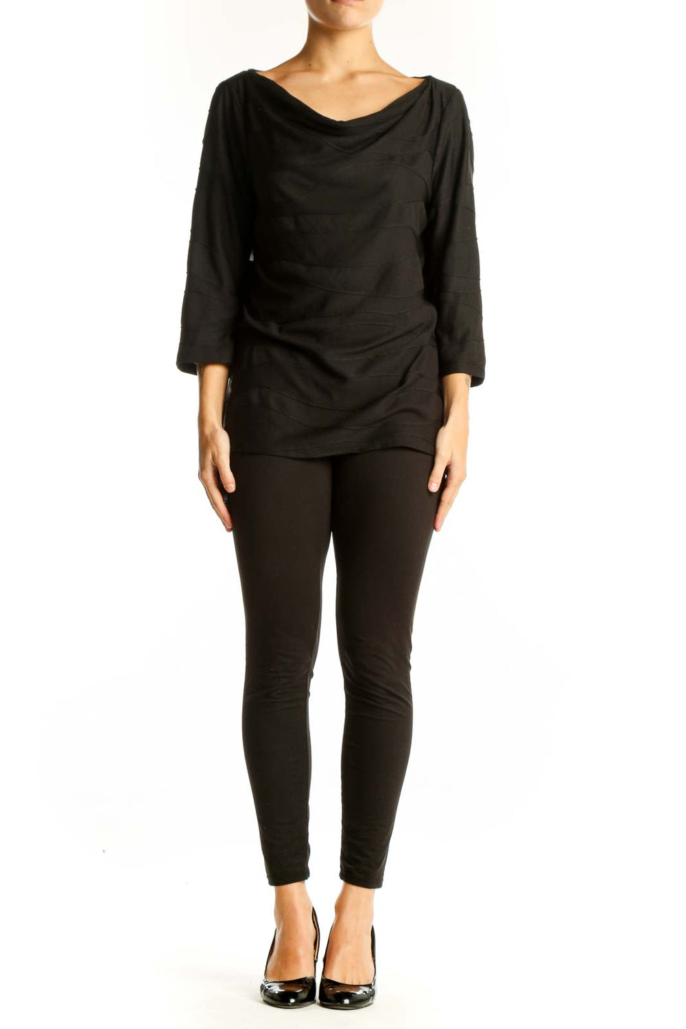 Front view of Ann Taylor black draped cowl neck top with 3/4 sleeves