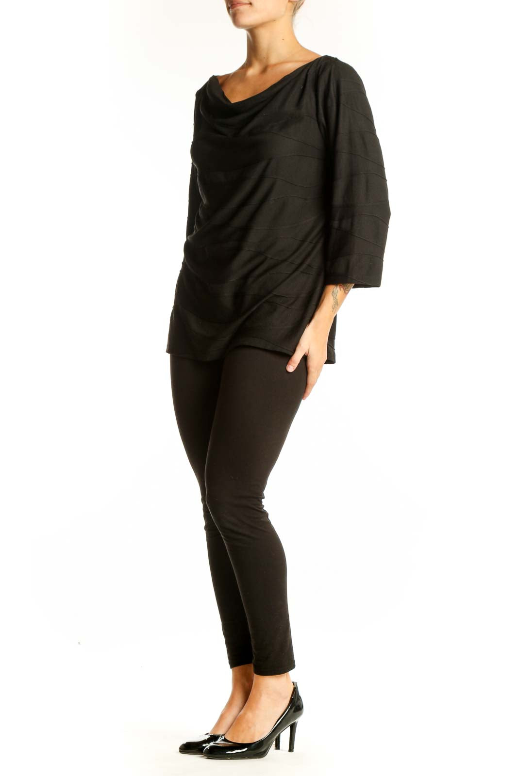Front view of Ann Taylor black draped cowl neck top with 3/4 sleeves