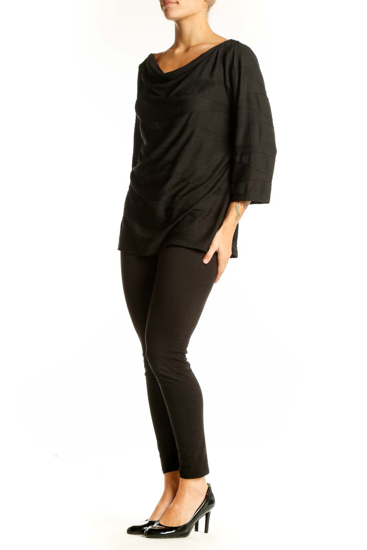 Front view of Ann Taylor black draped cowl neck top with 3/4 sleeves