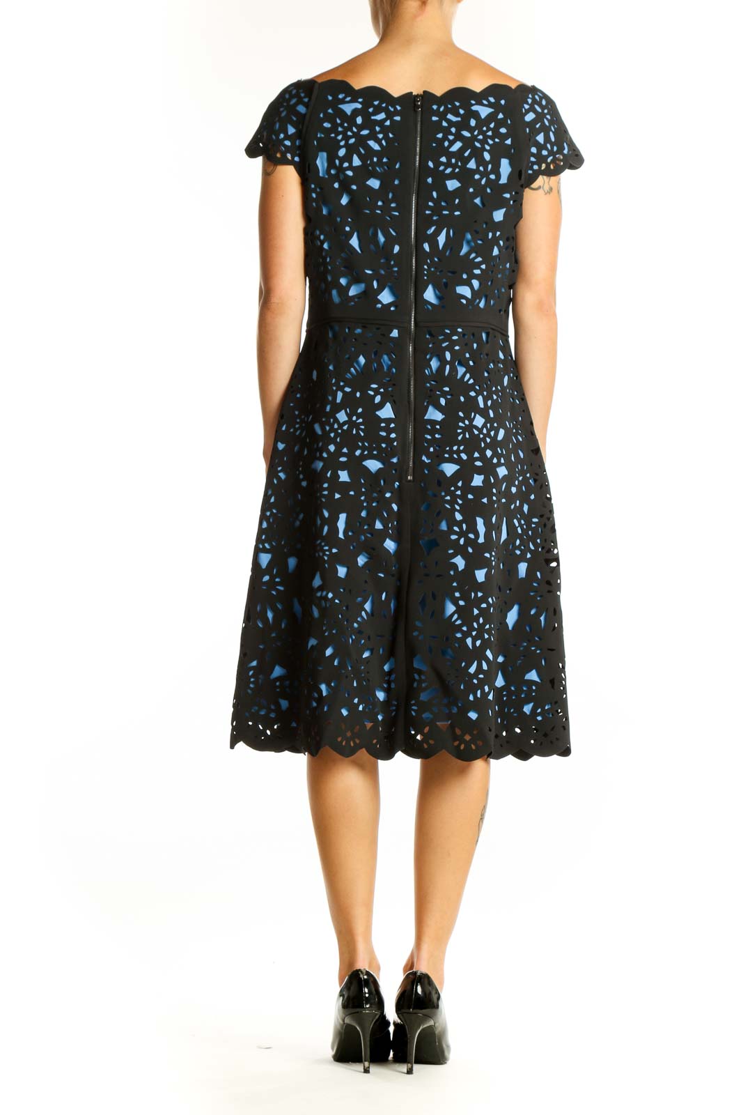 Back view of Nue by Shani Black and Blue Floral Lace Cocktail Dress showing full length