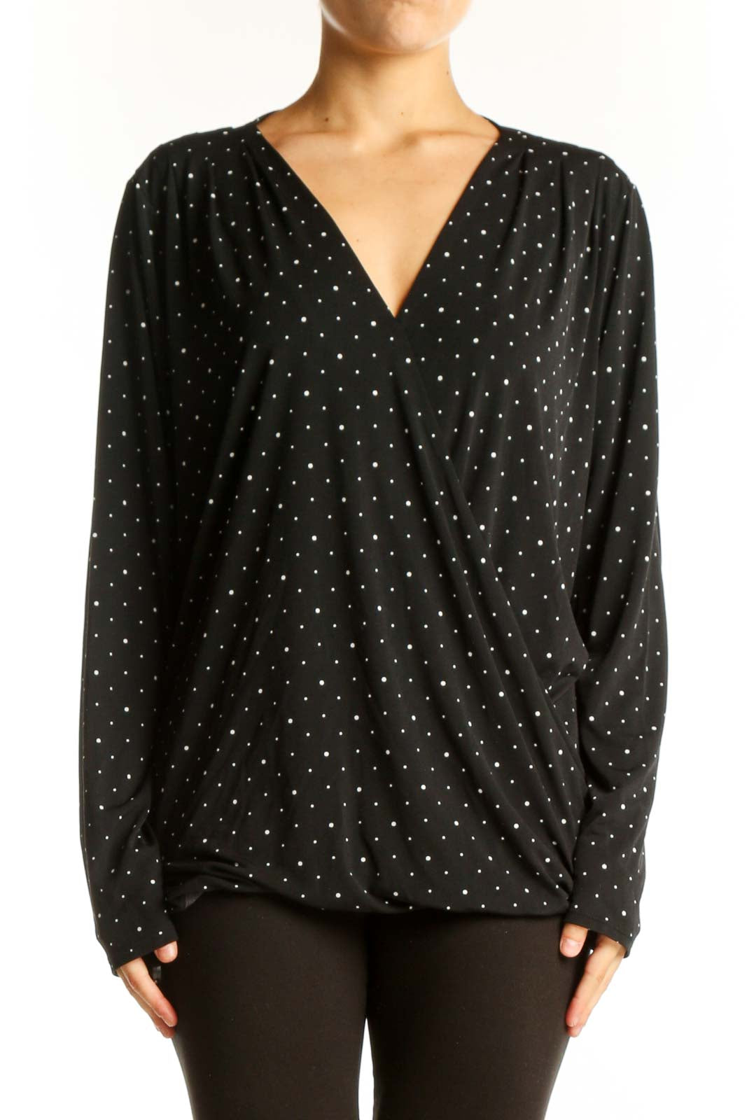 Front view of Banana Republic black polka dot V-neck wrap top