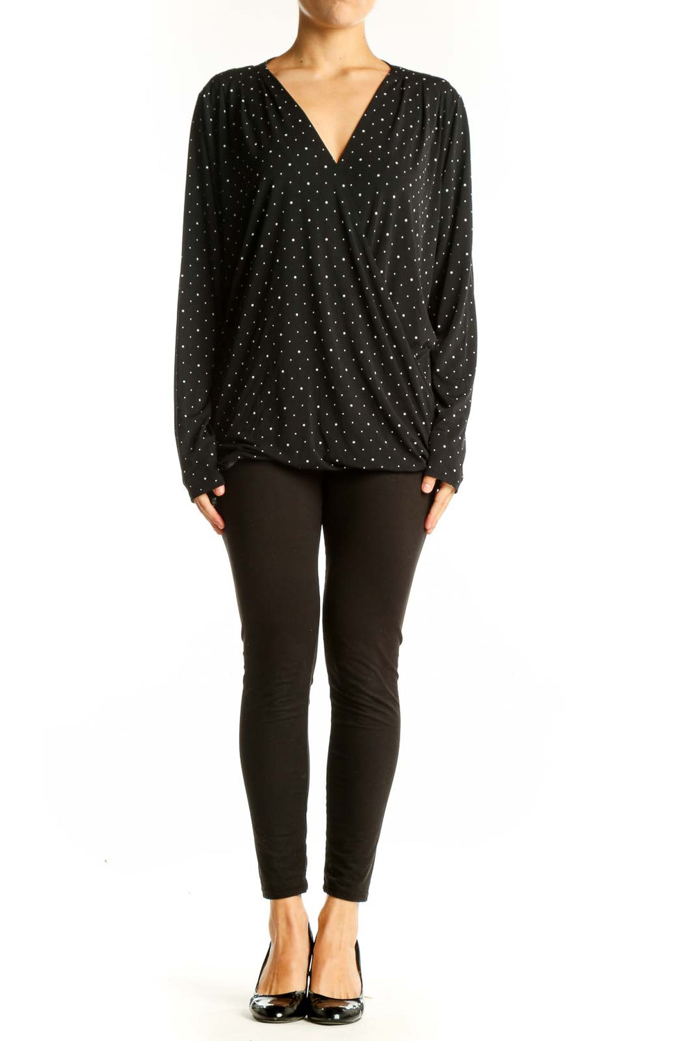 Front view of Banana Republic black polka dot V-neck wrap top