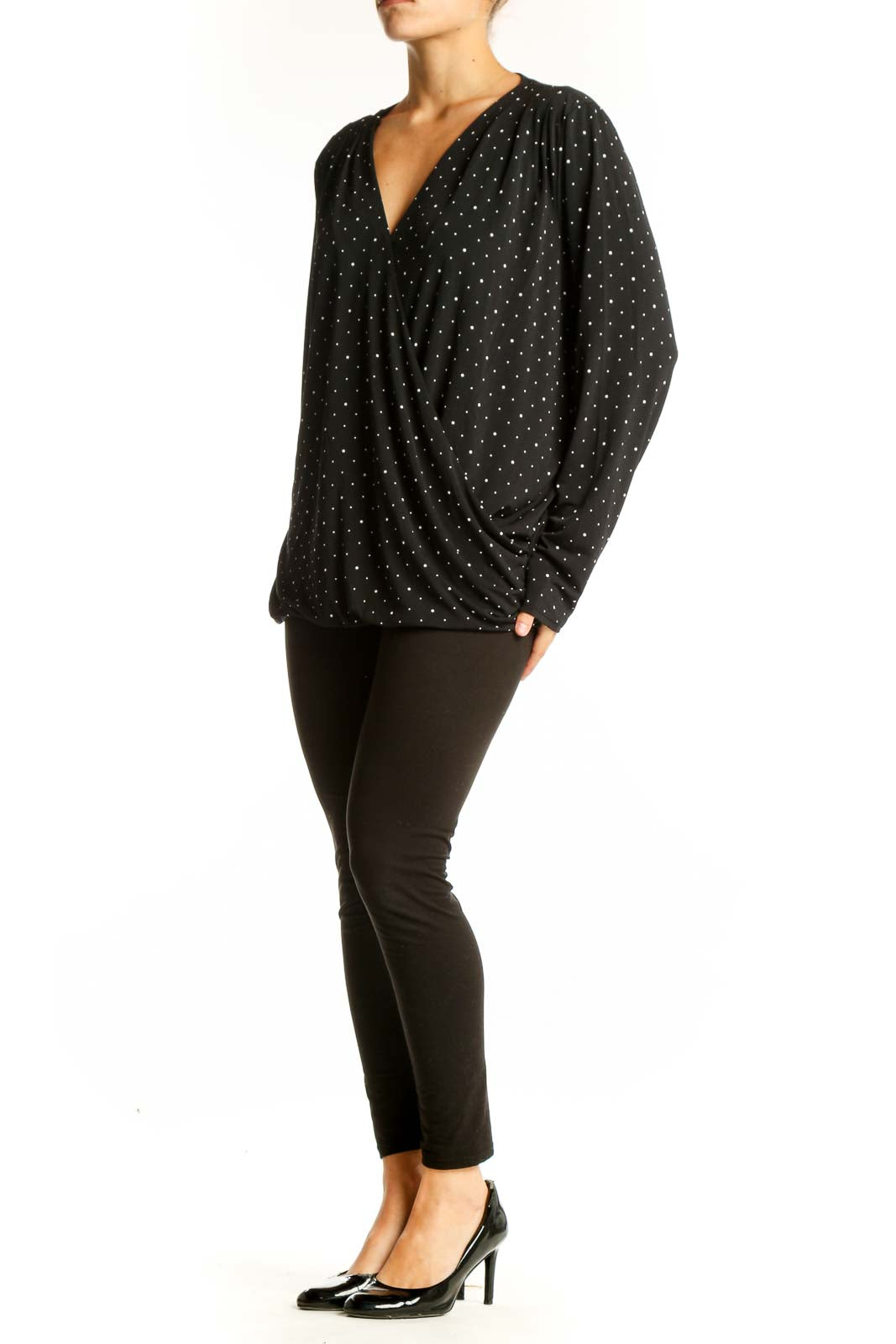 Front view of Banana Republic black polka dot V-neck wrap top