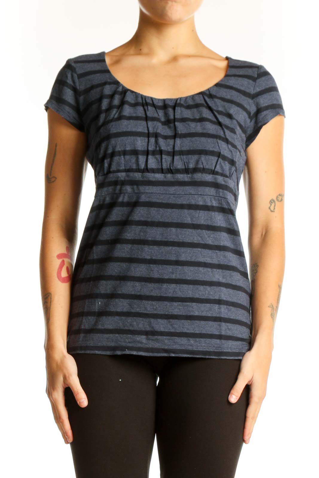 Front view of Ann Taylor gray striped top with gathered scoop neckline