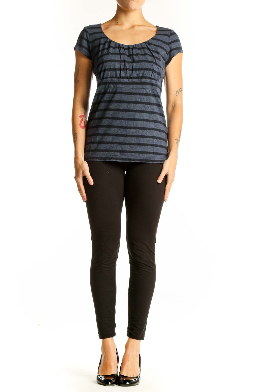 Front view of Ann Taylor gray striped top with gathered scoop neckline