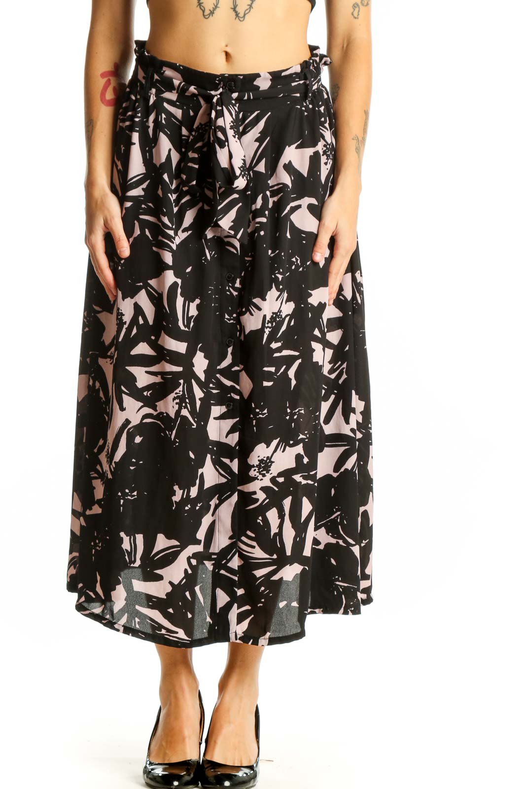 Front view of Eight Sixty Black and Pink Floral Print Midi Skirt