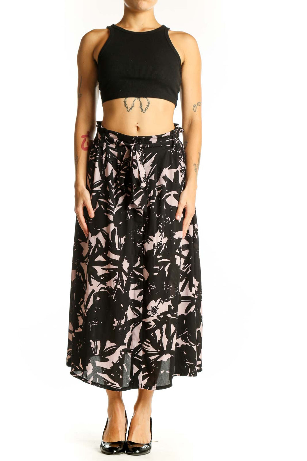 Front view of Eight Sixty Black and Pink Floral Print Midi Skirt