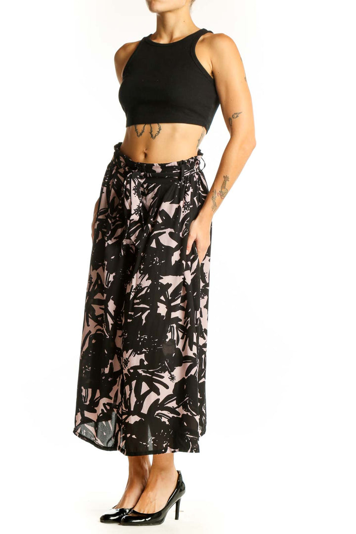 Front view of Eight Sixty Black and Pink Floral Print Midi Skirt