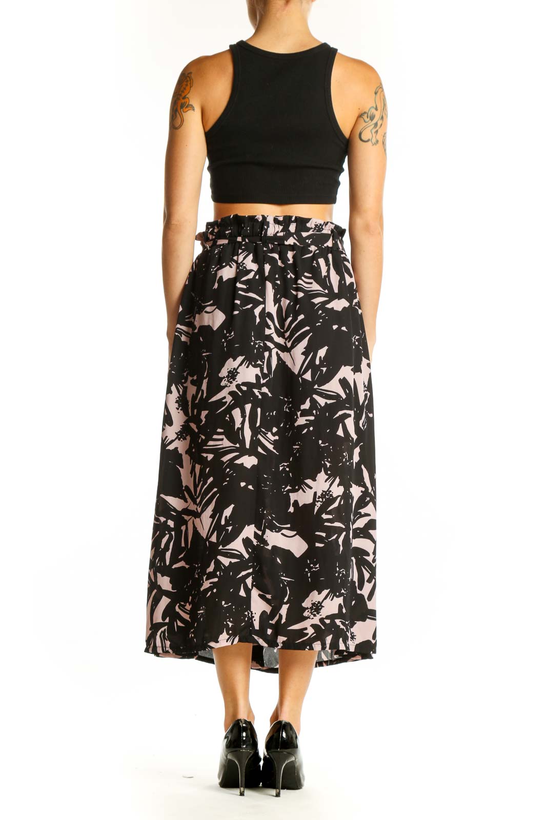 Back view of Eight Sixty Black and Pink Floral Print Midi Skirt with black crop top