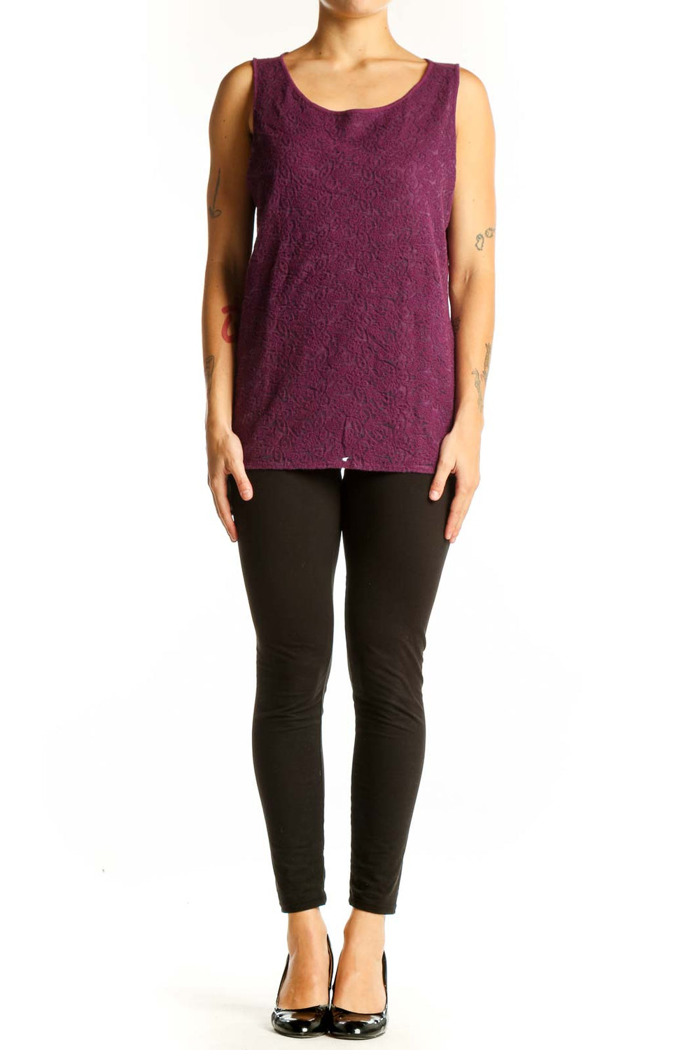 Front view of purple lace sleeveless top from Ann Taylor