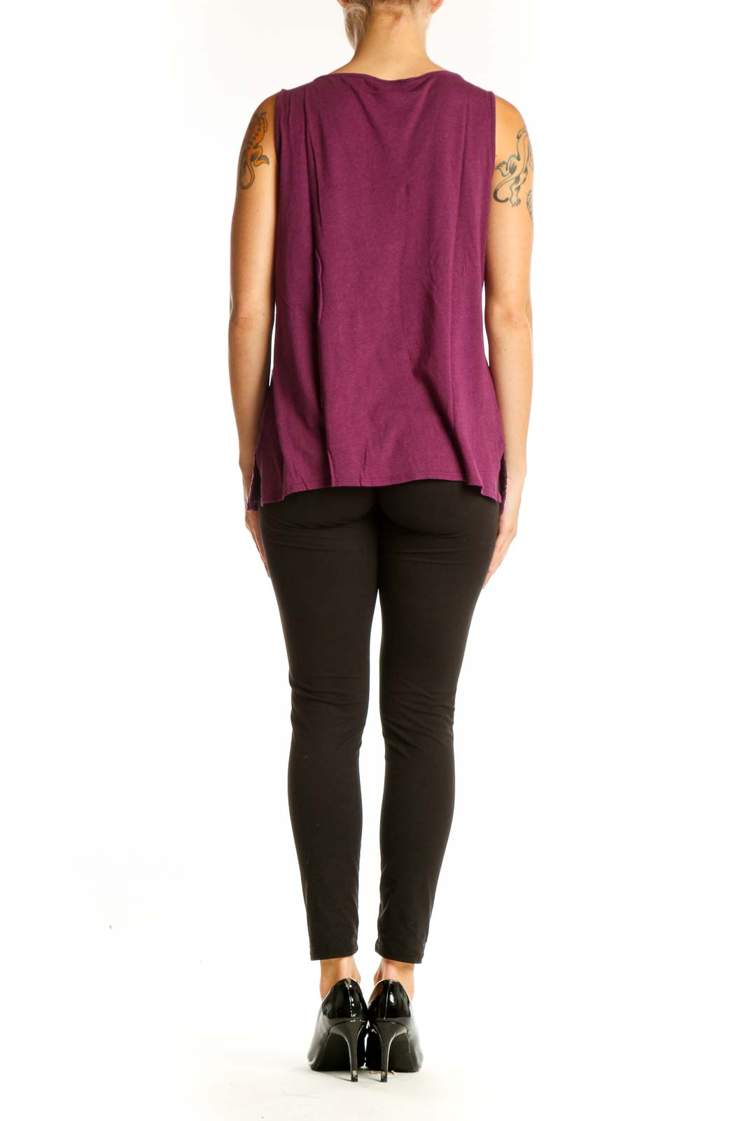 Side view of purple lace sleeveless top from Ann Taylor on model