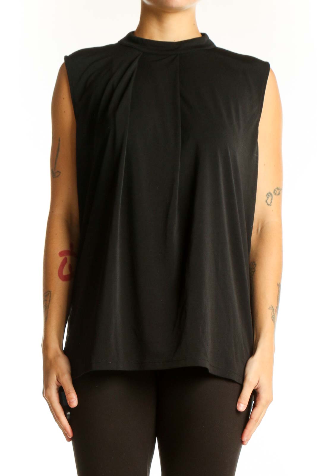Front view of Banana Republic black sleeveless mock neck top