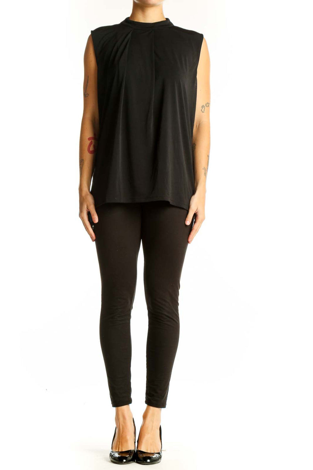 Front view of Banana Republic black sleeveless mock neck top