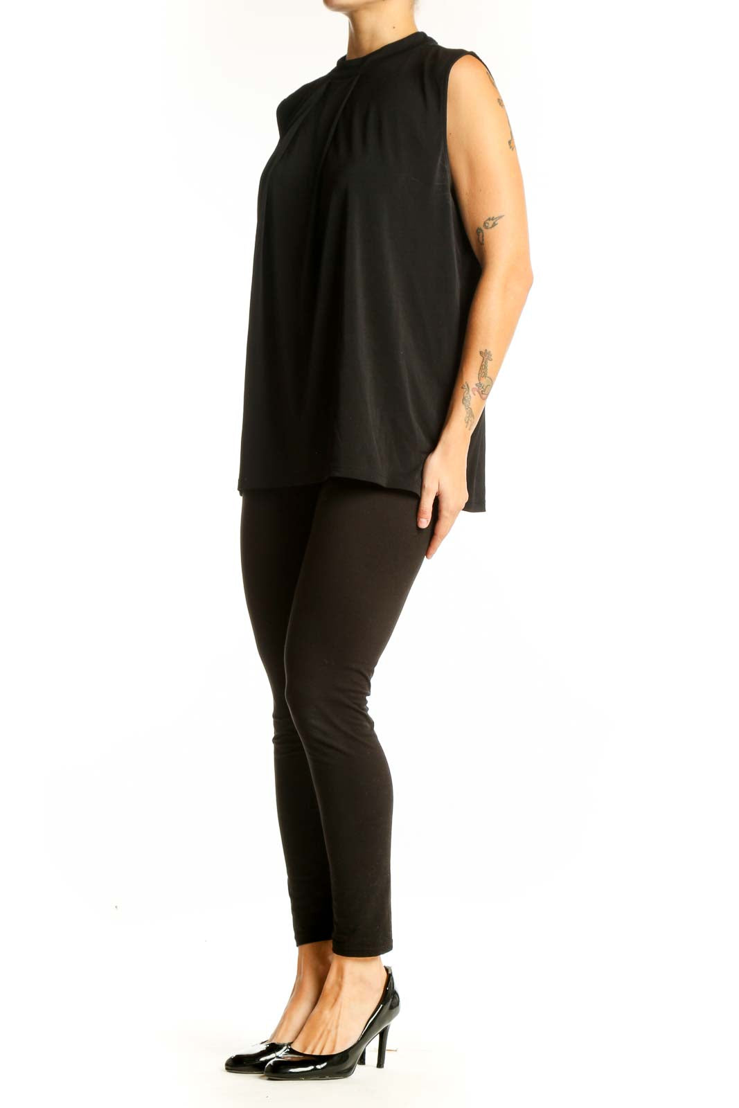 Front view of Banana Republic black sleeveless mock neck top