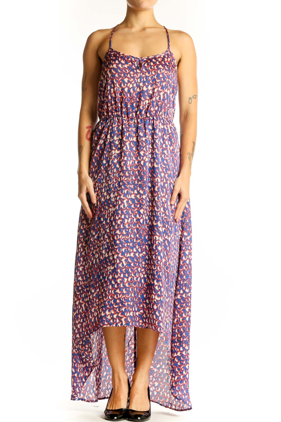 Front view of purple floral print high-low maxi dress with fitted bodice
