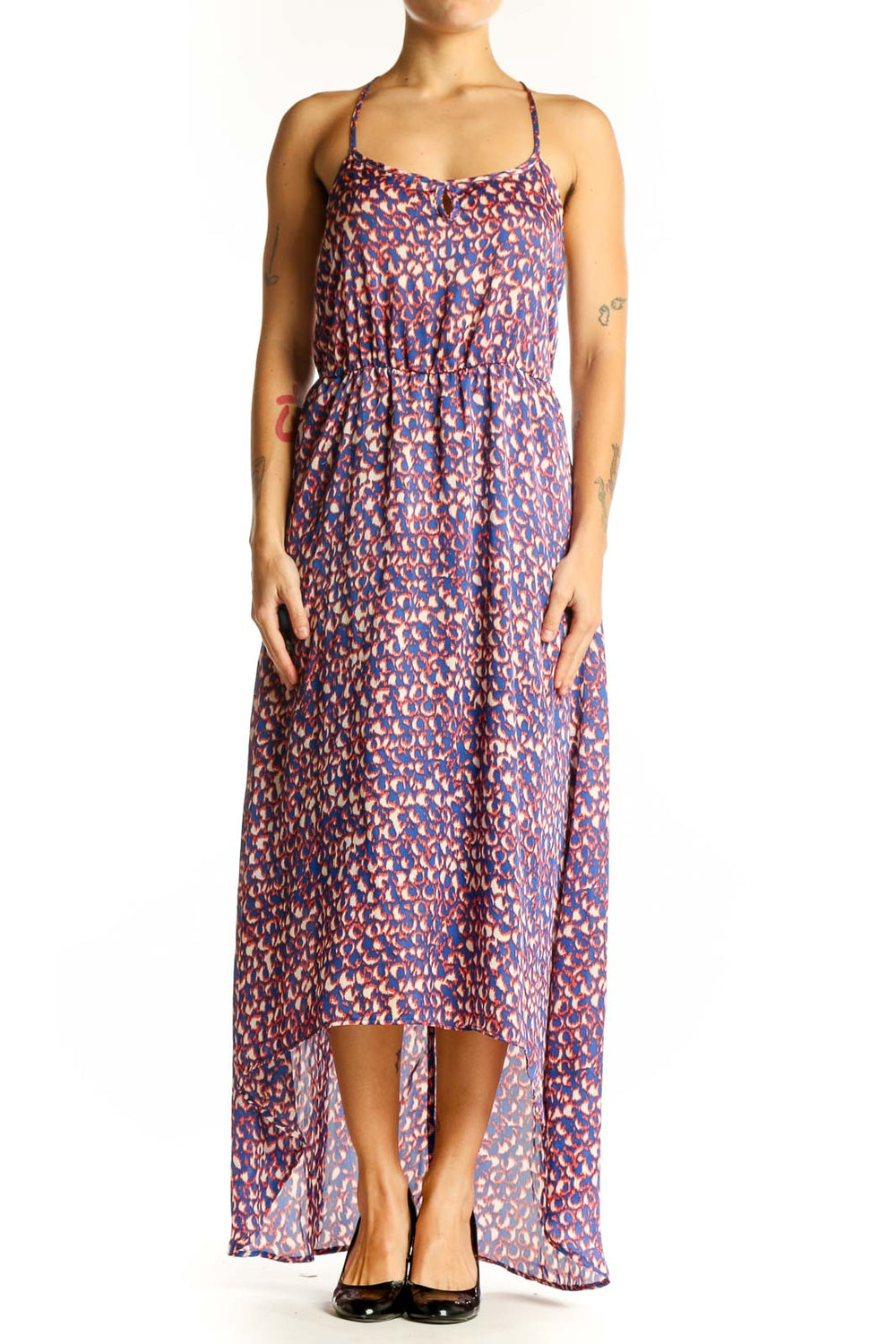 Front view of purple floral print high-low maxi dress with fitted bodice