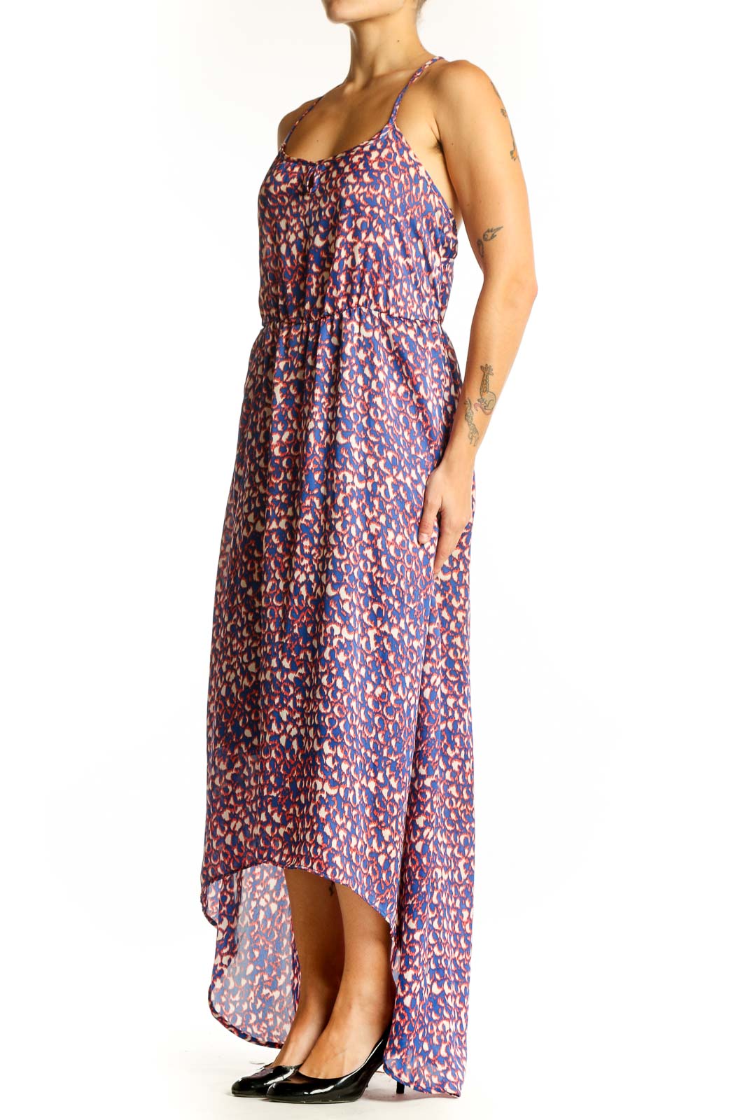 Front view of purple floral print high-low maxi dress with fitted bodice