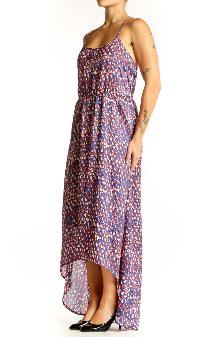 Front view of purple floral print high-low maxi dress with fitted bodice