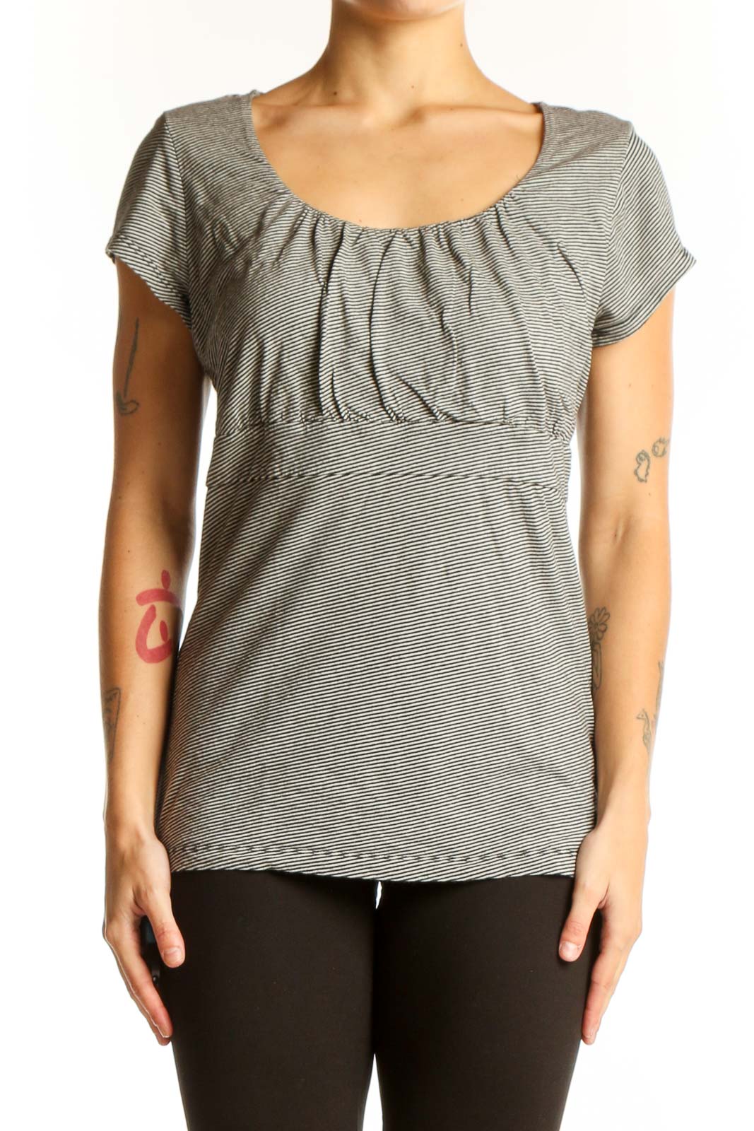 Front view of Ann Taylor gray striped scoop neck top with empire waist