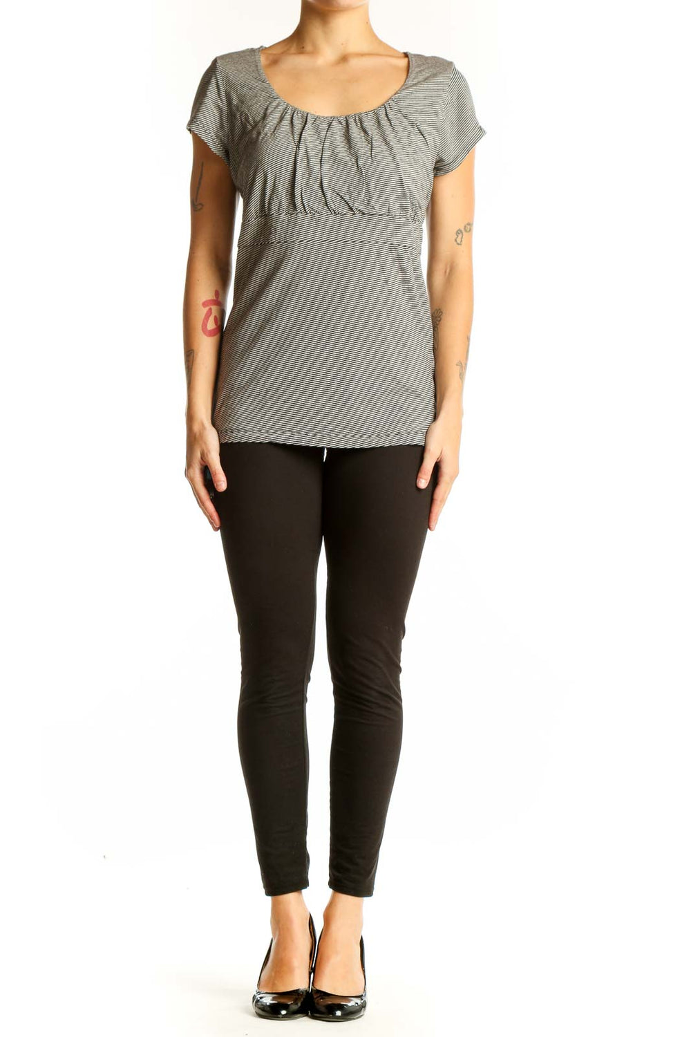 Front view of Ann Taylor gray striped scoop neck top with empire waist