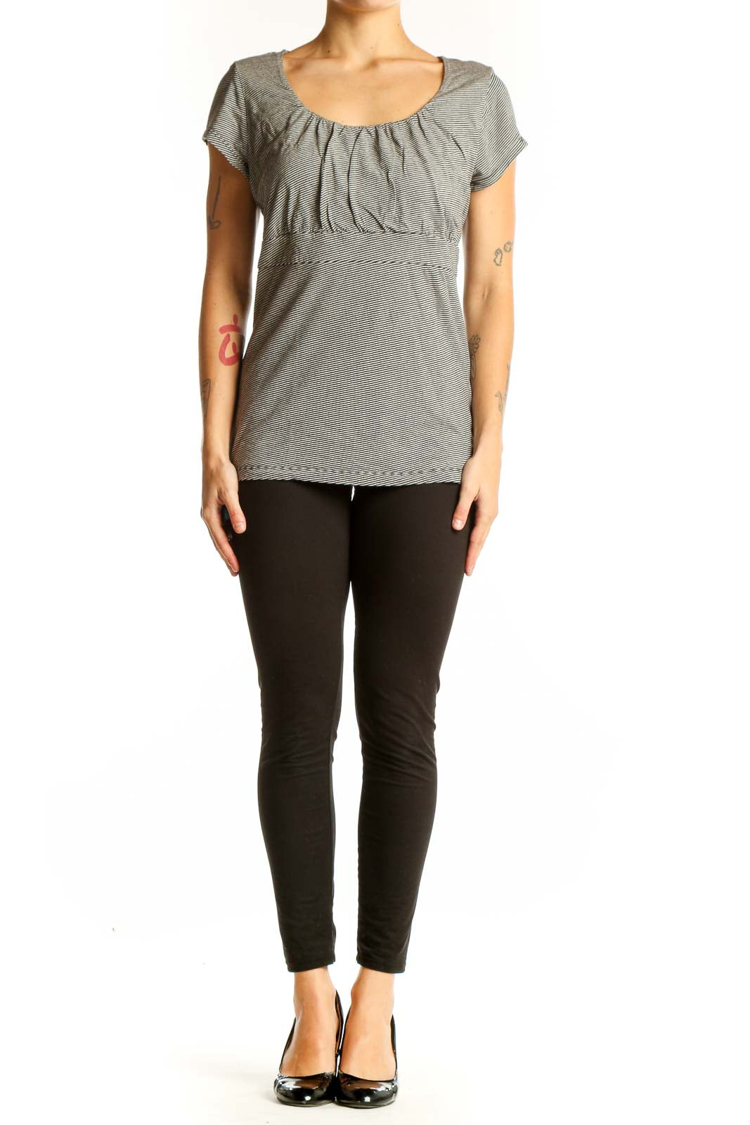 Front view of Ann Taylor gray striped scoop neck top with empire waist