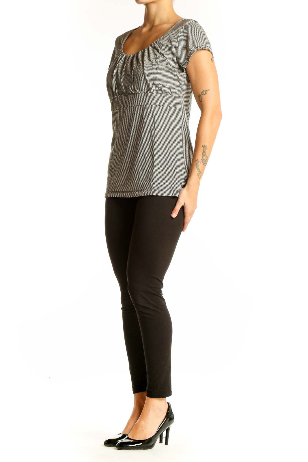 Front view of Ann Taylor gray striped scoop neck top with empire waist